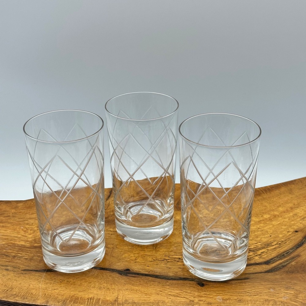 Set of 3 Etched Diamond‎ Trellis Highball Glasses Clear Glass Tumblers 5.5 inch